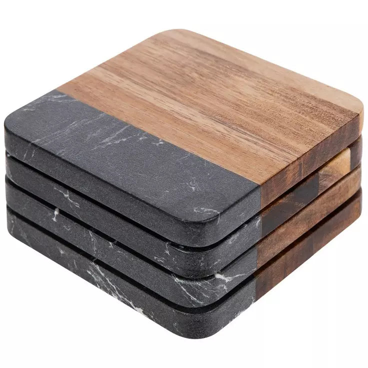 Custom Acacia Wood & Cultured Marble Coasters (4 Pack)