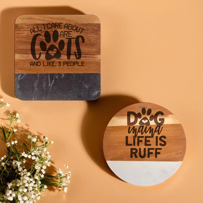 Custom Acacia Wood & Cultured Marble Coasters (4 Pack)