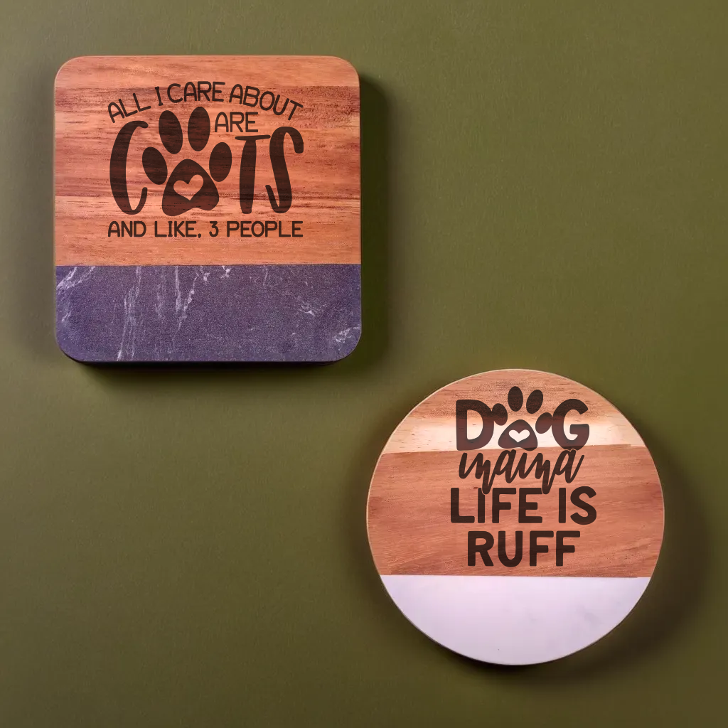 Custom Acacia Wood & Cultured Marble Coasters (4 Pack)