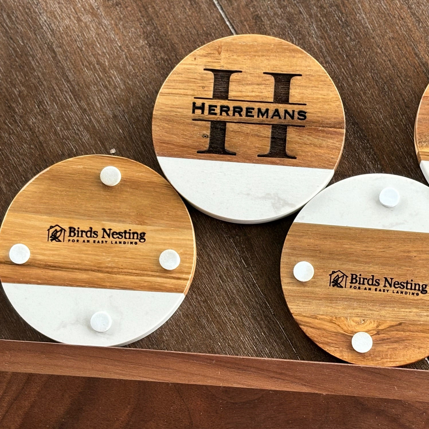 Custom Acacia Wood & Cultured Marble Coasters (4 Pack)