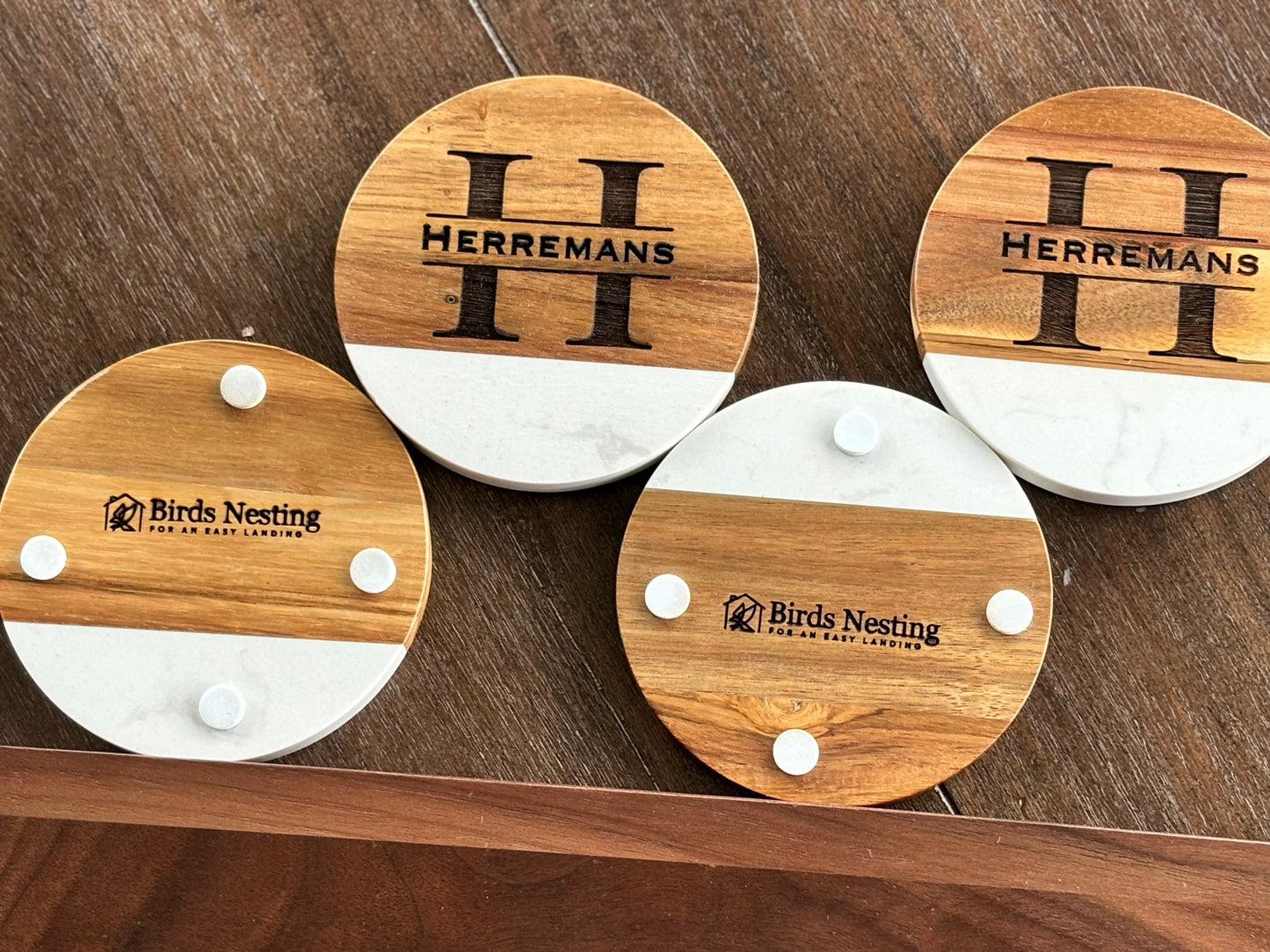 Custom Acacia Wood & Cultured Marble Coasters (4 Pack)